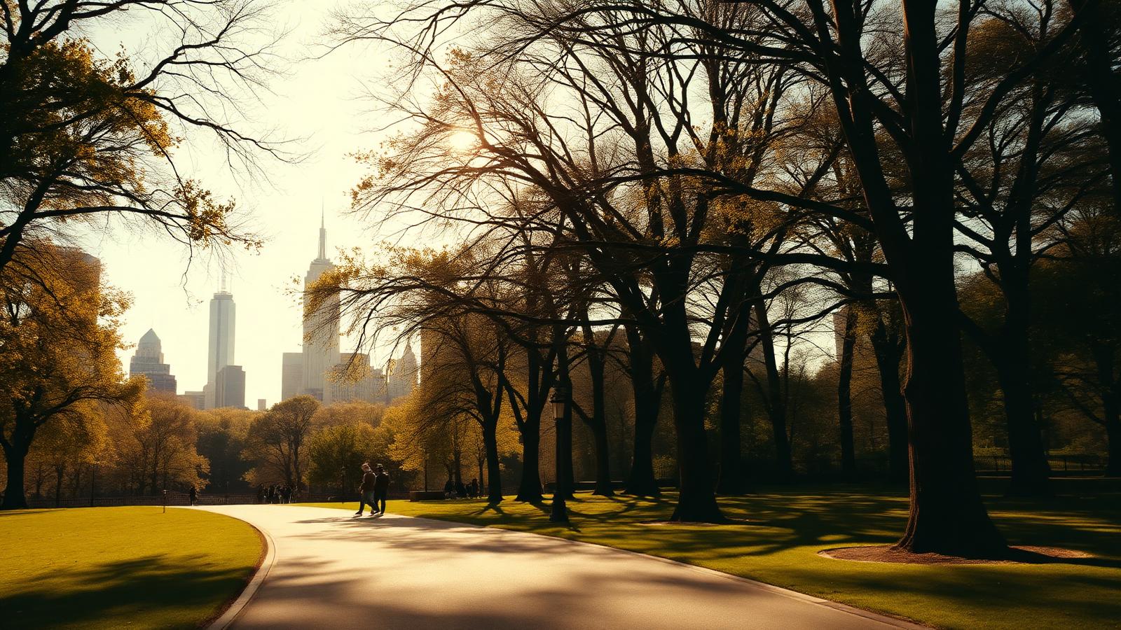 Central Park path under golden afternoon light with the skyline beyond