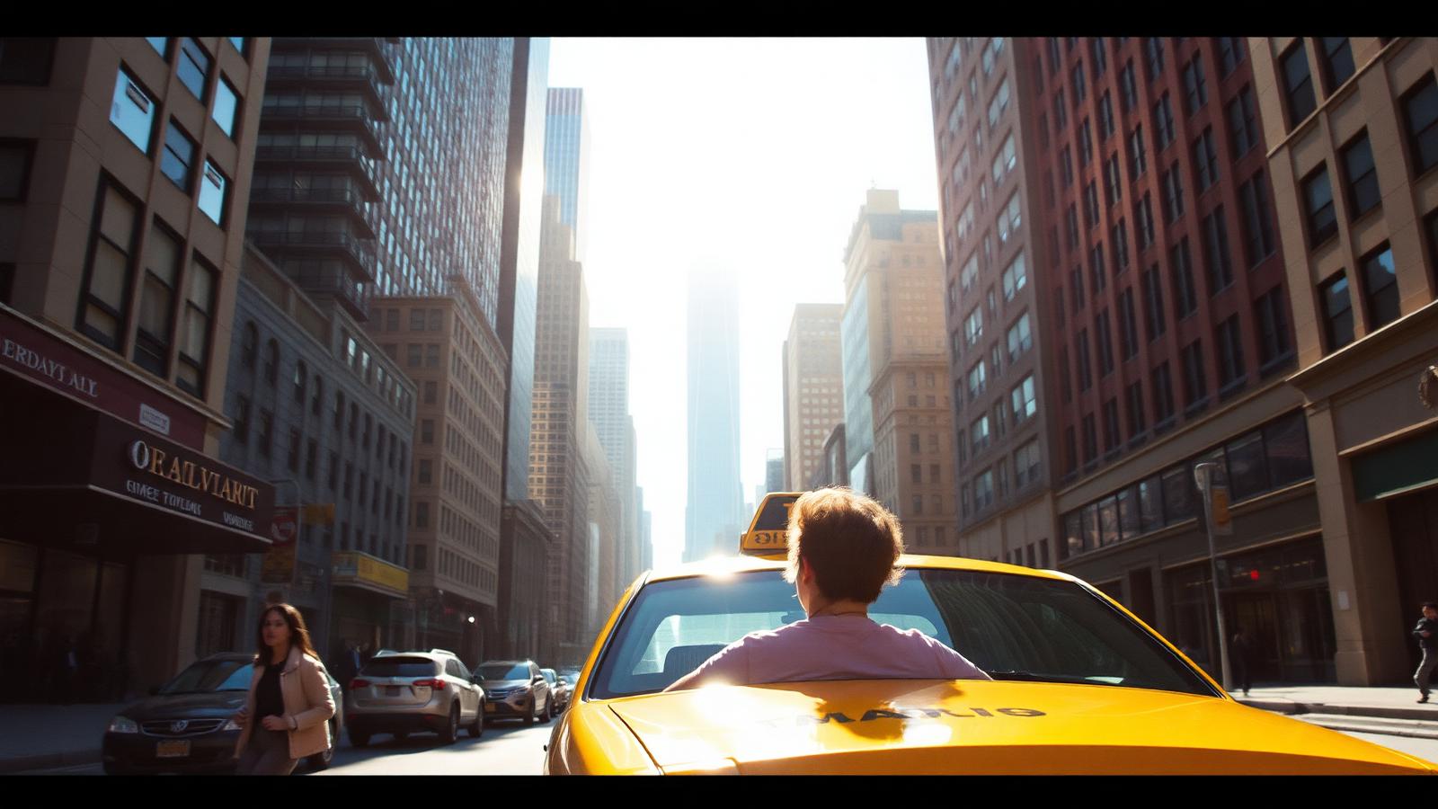 A yellow cab on a sunlit New York avenue framed by tall buildings