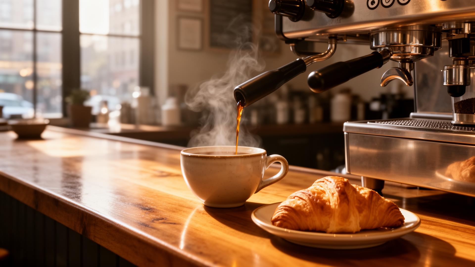 An editorial overhead shot of a small New York café table with espresso and pastries
