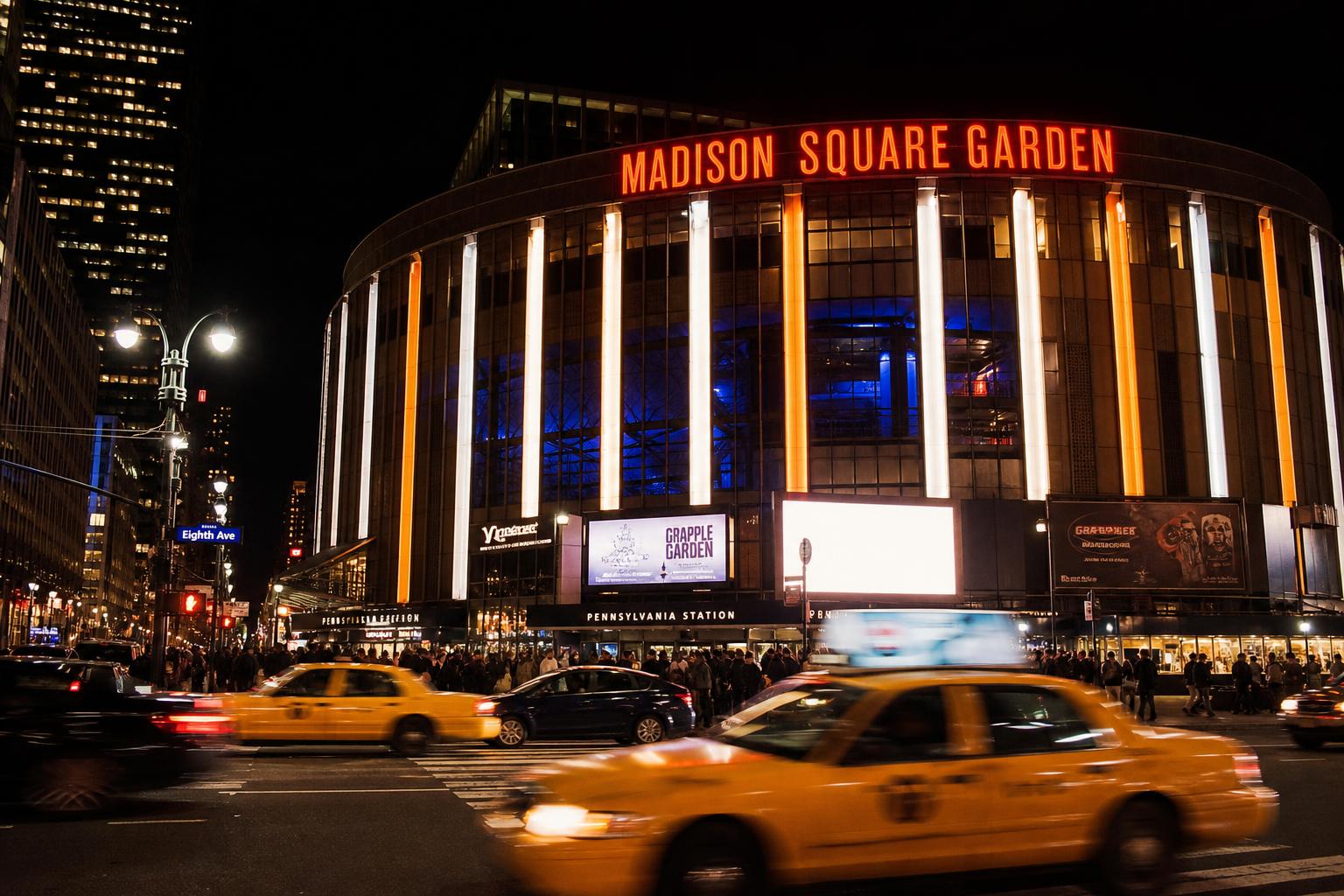 The glowing marquee of Madison Square Garden on a New York night