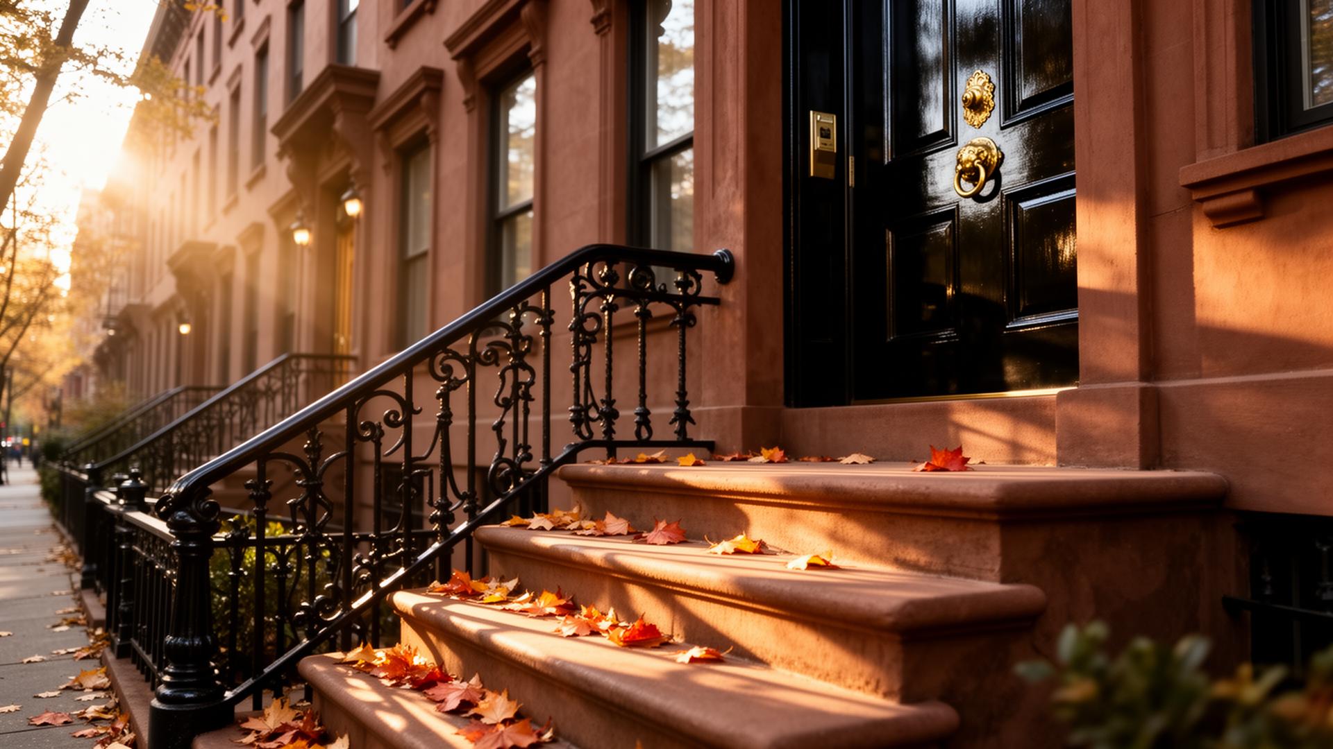 Soft early-morning light on a quiet New York brownstone block