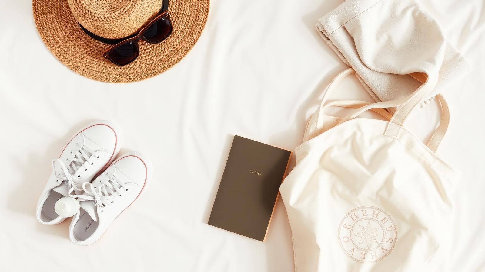 Flat lay of summer travel essentials on a cream linen surface