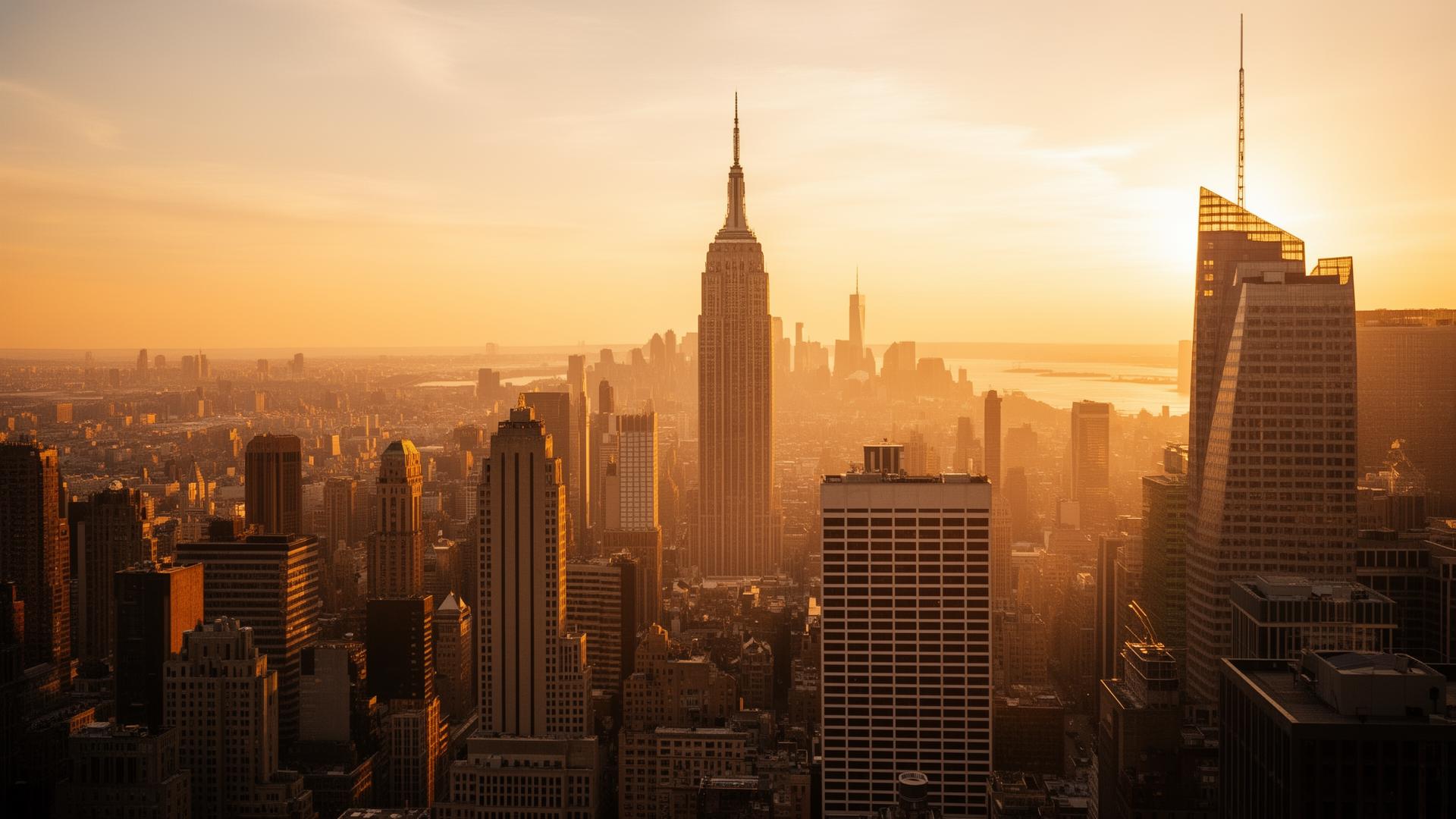Manhattan skyline at golden hour during World Cup season